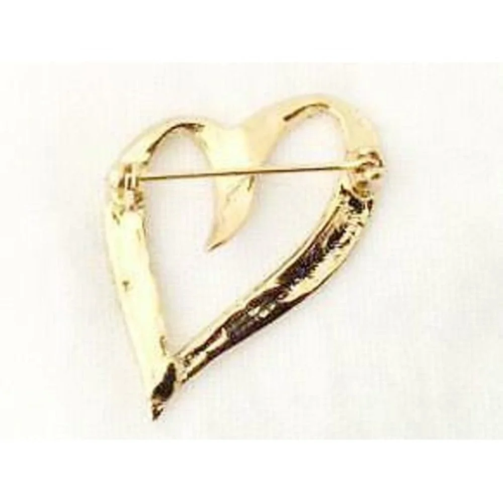 Vintage Gold Plated Pretty Abstract HEART Clear Rhinestone‎ Brooch Pin*LOVE